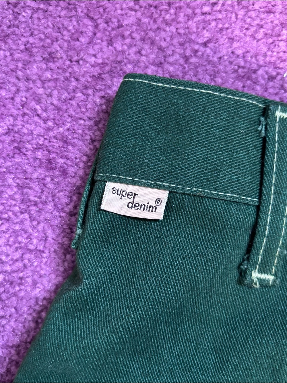 Green Super Denim Flare Jeans White Stitch 70s Hippie Style - Picture 2 of 8